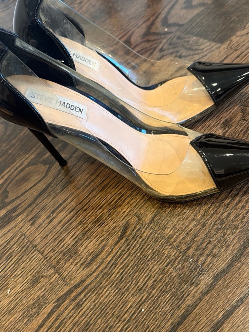 Steve Madden Black Patent and Clear Pointed Toe Heels